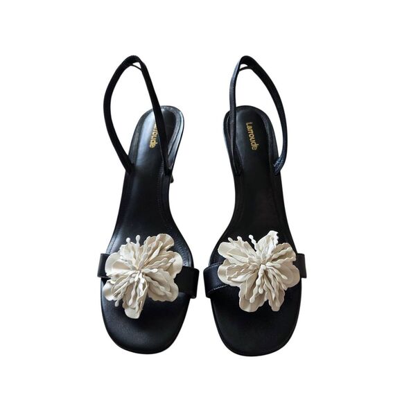 Larroudé Hibiscus Slingback Heel Sandals in Black Leather Flower Size 10 Heels - Picture 3 of 8
